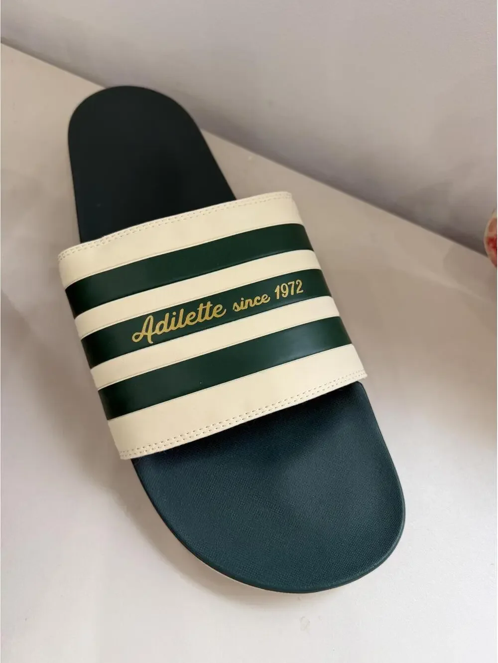 Adilette Slide Sandals with Green and Cream Stripes Men's Size 18
